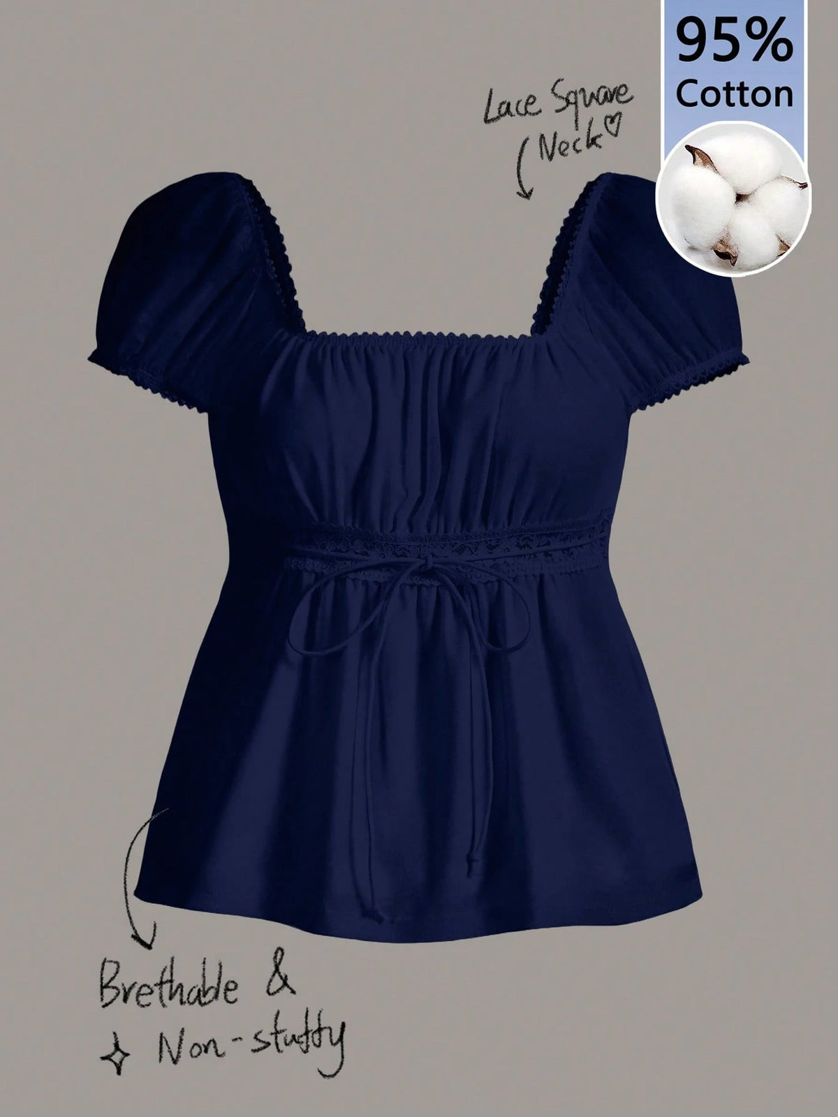 CovetEZ 95% Cotton Summer Square Neck Puff Sleeve Tie Front Tee, Navy Blue,Summer Top