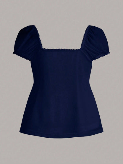 CovetEZ 95% Cotton Summer Square Neck Puff Sleeve Tie Front Tee, Navy Blue,Summer Top
