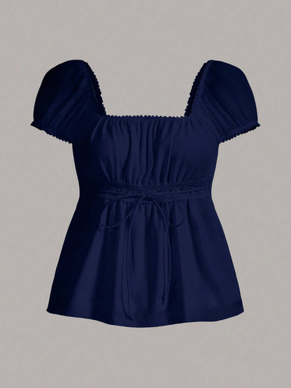 CovetEZ 95% Cotton Summer Square Neck Puff Sleeve Tie Front Tee, Navy Blue,Summer Top
