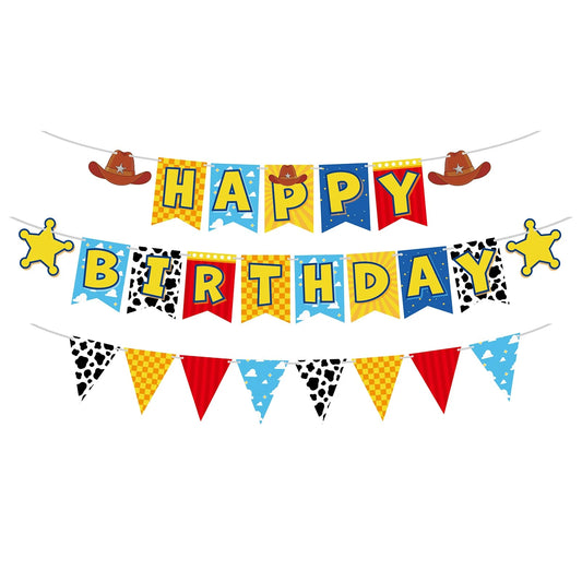 Cowboy Theme Happy Birthday Banner Set – 3-Tier Pennant With Cow Print, Checkerboard & Sheriff Stars, Kids Western Party Decor