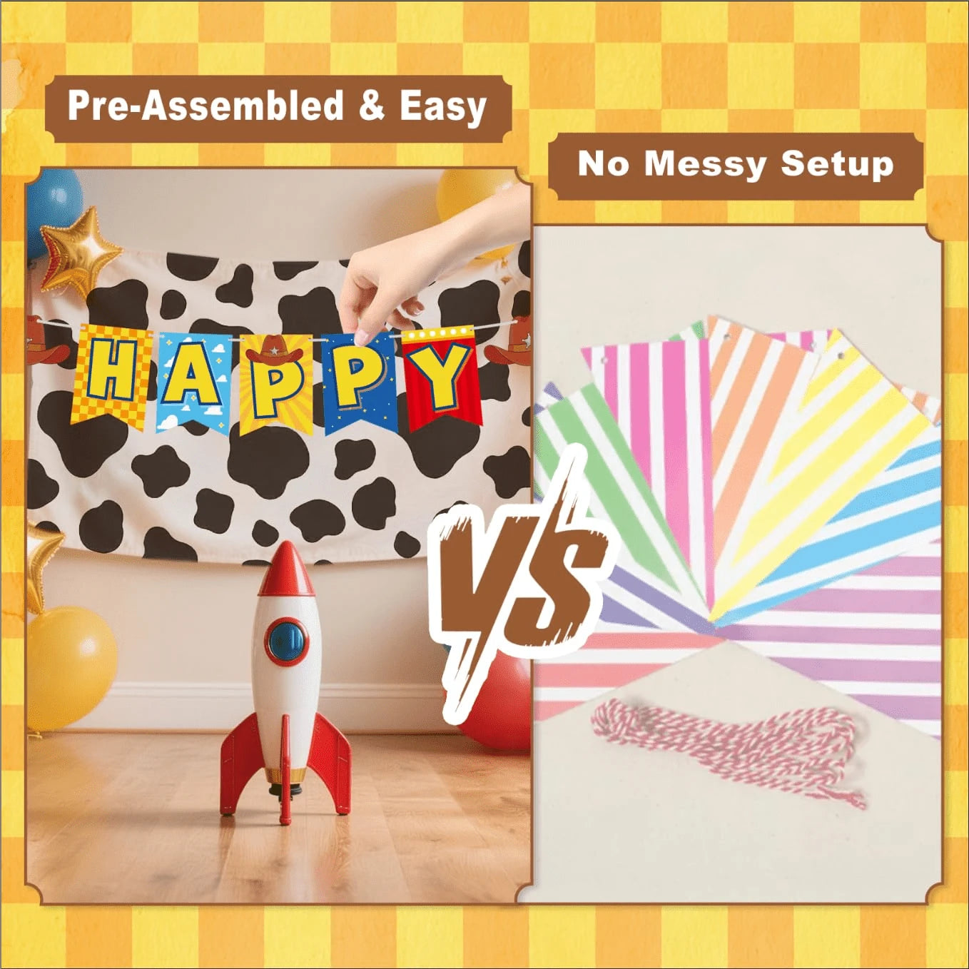 Cowboy Theme Happy Birthday Banner Set – 3-Tier Pennant With Cow Print, Checkerboard & Sheriff Stars, Kids Western Party Decor