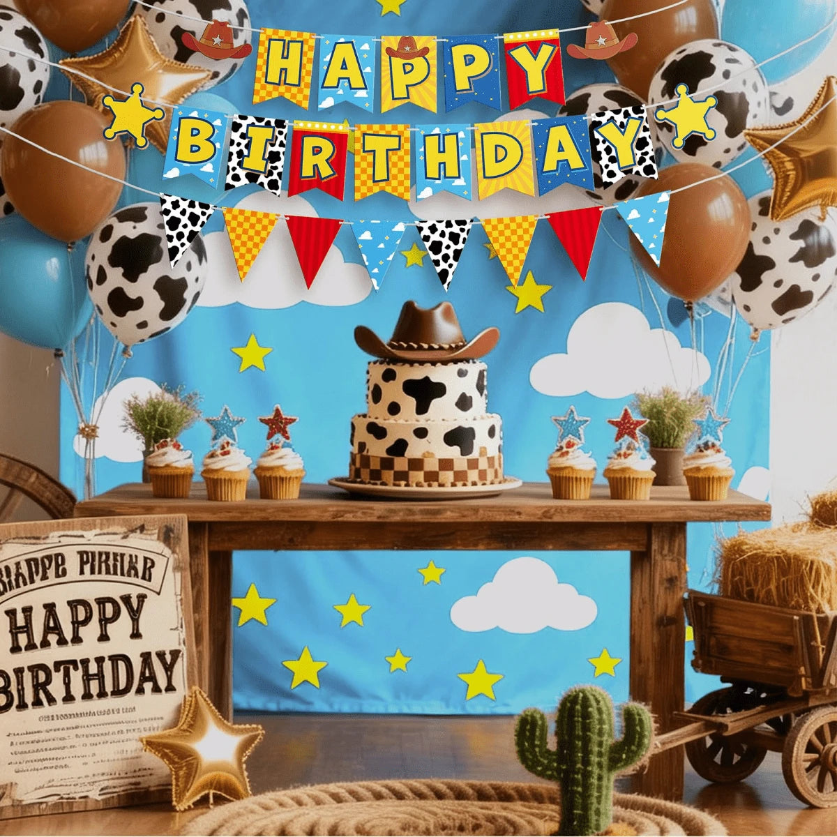 Cowboy Theme Happy Birthday Banner Set – 3-Tier Pennant With Cow Print, Checkerboard & Sheriff Stars, Kids Western Party Decor