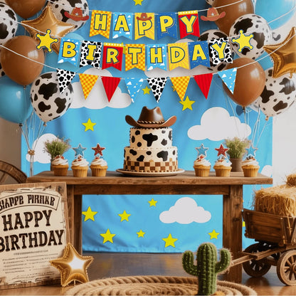 Cowboy Theme Happy Birthday Banner Set – 3-Tier Pennant With Cow Print, Checkerboard & Sheriff Stars, Kids Western Party Decor
