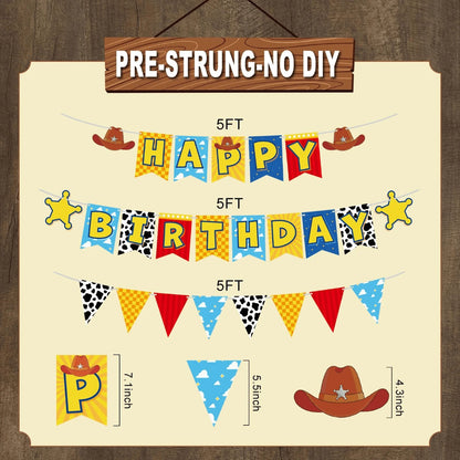 Cowboy Theme Happy Birthday Banner Set – 3-Tier Pennant With Cow Print, Checkerboard & Sheriff Stars, Kids Western Party Decor