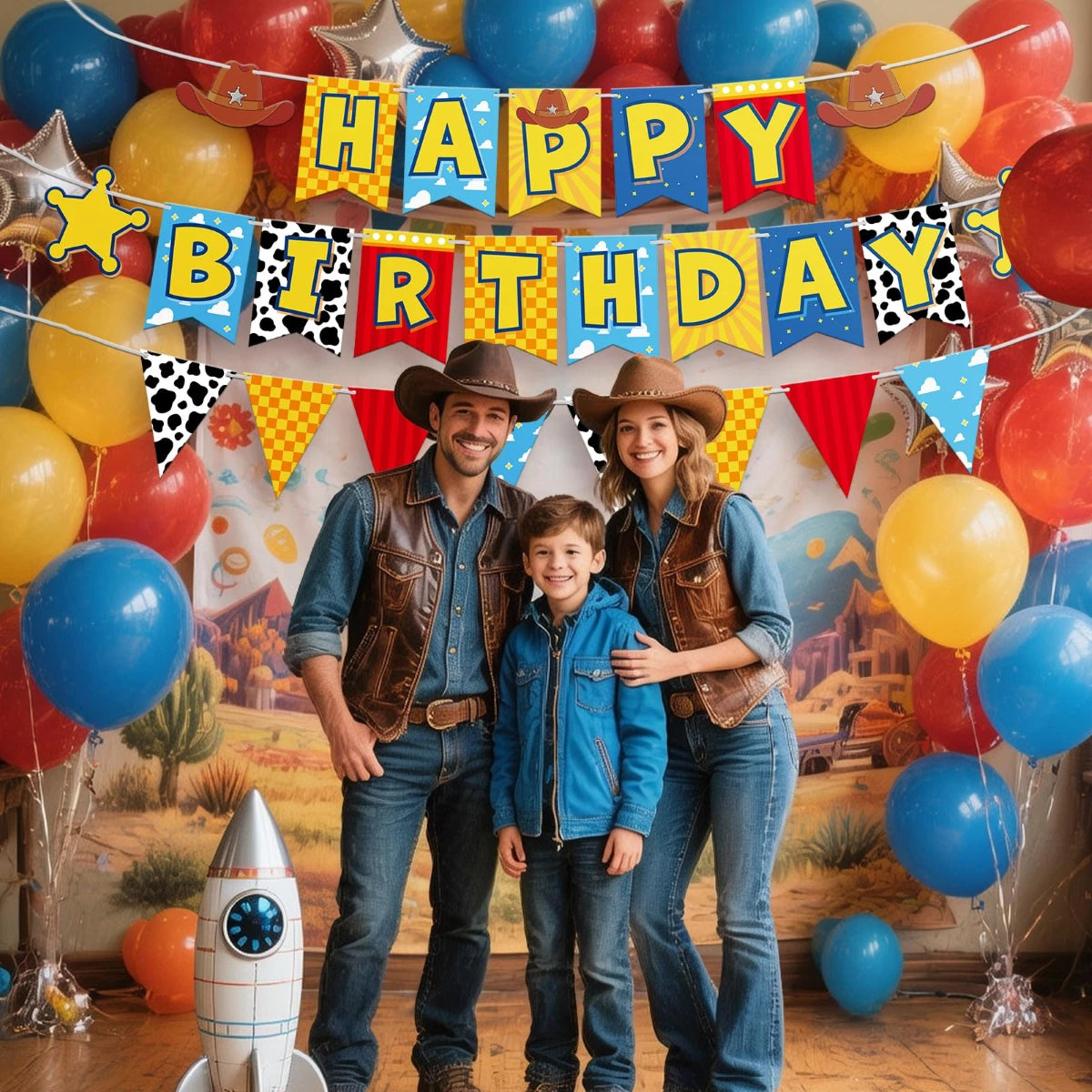 Cowboy Theme Happy Birthday Banner Set – 3-Tier Pennant With Cow Print, Checkerboard & Sheriff Stars, Kids Western Party Decor