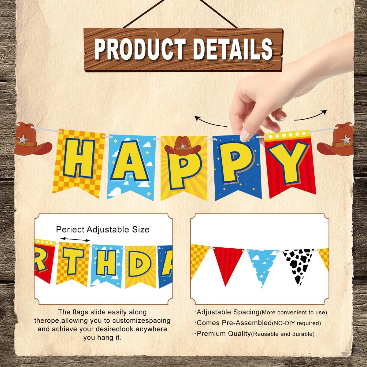 Cowboy Theme Happy Birthday Banner Set – 3-Tier Pennant With Cow Print, Checkerboard & Sheriff Stars, Kids Western Party Decor