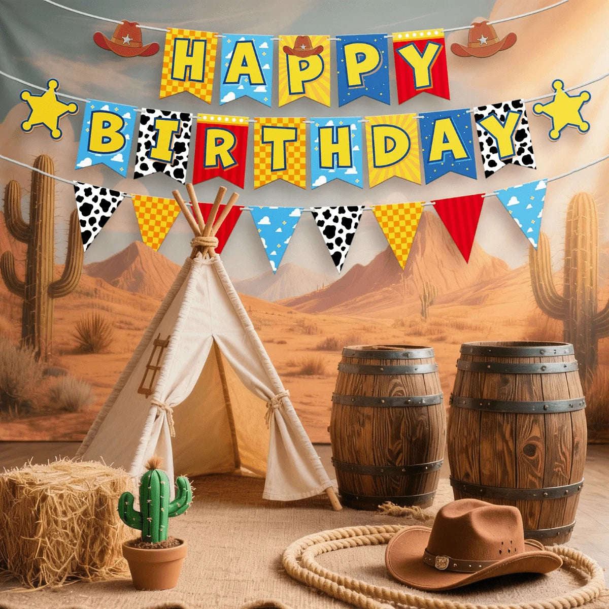 Cowboy Theme Happy Birthday Banner Set – 3-Tier Pennant With Cow Print, Checkerboard & Sheriff Stars, Kids Western Party Decor
