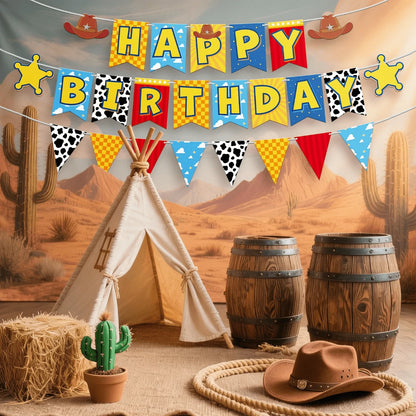 Cowboy Theme Happy Birthday Banner Set – 3-Tier Pennant With Cow Print, Checkerboard & Sheriff Stars, Kids Western Party Decor