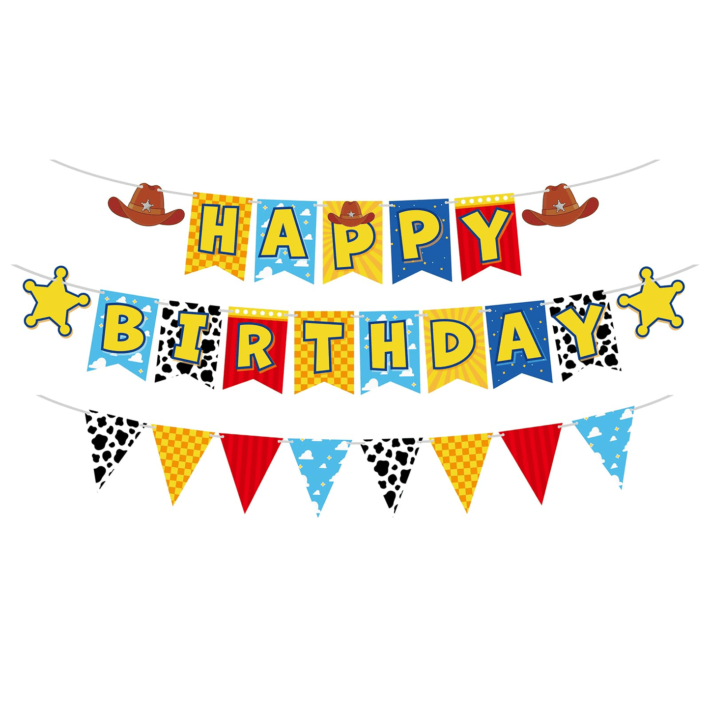 Cowboy Theme Happy Birthday Banner Set – 3-Tier Pennant With Cow Print, Checkerboard & Sheriff Stars, Kids Western Party Decor