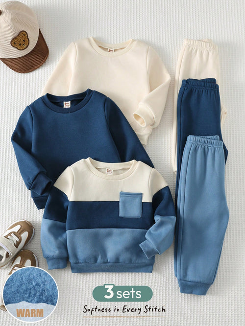 Cozy Pixies 6pcs Baby Boy Contrast Color Knit Soft Crew Neck Long Sleeve Pullover Sweatshirt & Elastic Waist Pants Set