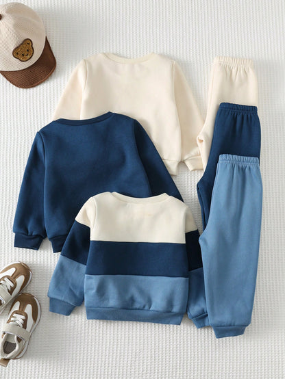 Cozy Pixies 6pcs Baby Boy Contrast Color Knit Soft Crew Neck Long Sleeve Pullover Sweatshirt & Elastic Waist Pants Set