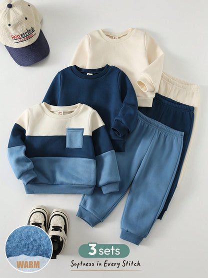 Cozy Pixies 6pcs Baby Boy Contrast Color Knit Soft Crew Neck Long Sleeve Pullover Sweatshirt & Elastic Waist Pants Set