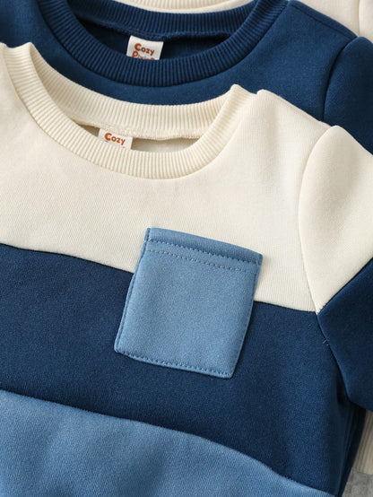 Cozy Pixies 6pcs Baby Boy Contrast Color Knit Soft Crew Neck Long Sleeve Pullover Sweatshirt & Elastic Waist Pants Set