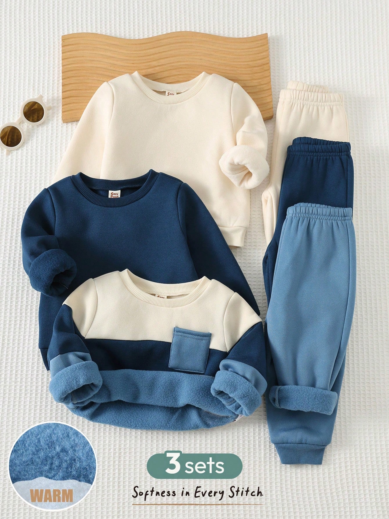 Cozy Pixies 6pcs Baby Boy Contrast Color Knit Soft Crew Neck Long Sleeve Pullover Sweatshirt & Elastic Waist Pants Set