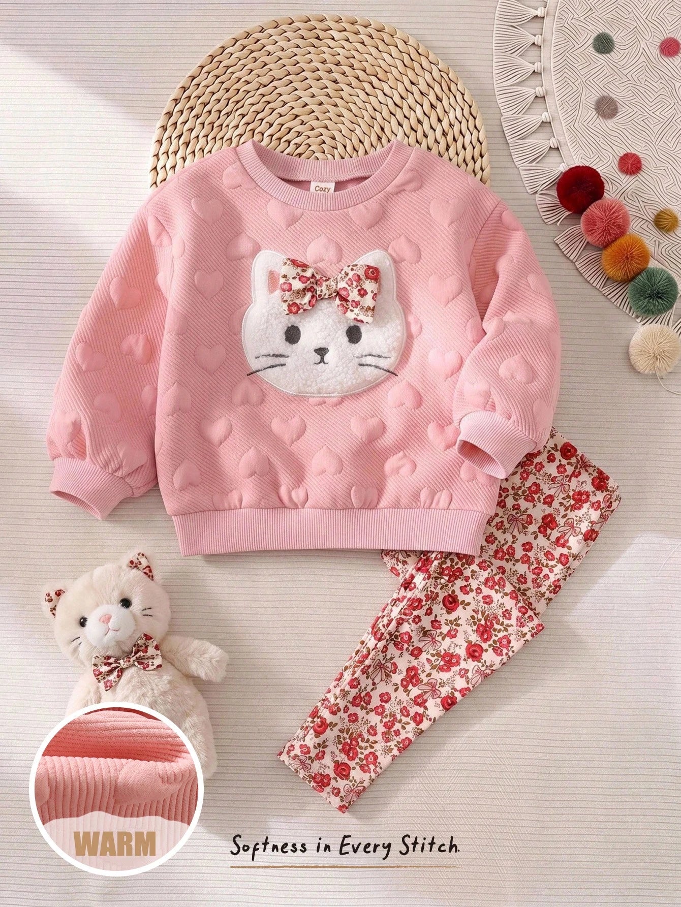 Cozy Pixies Baby Girl Cartoon Kitten Patchwork Plush Embroidered Pattern Knit Soft Crew Neck Long Sleeve Pullover Sweatshirt Elastic Waist Floral Pants 2-Piece Set