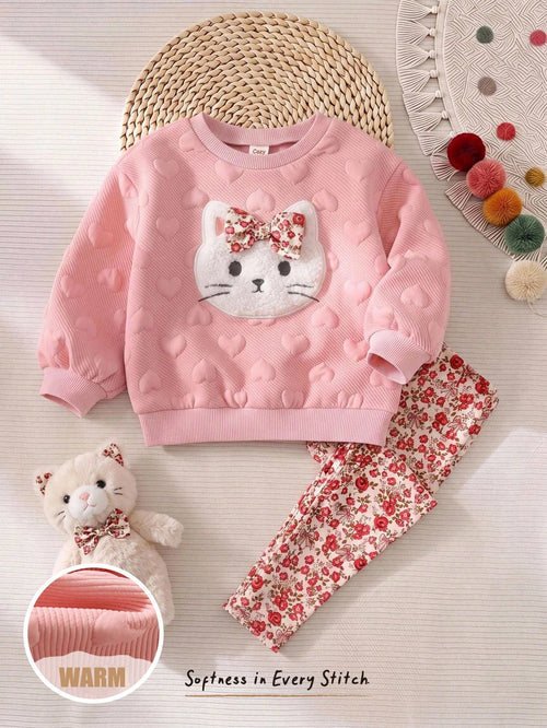 Cozy Pixies Baby Girl Cartoon Kitten Patchwork Plush Embroidered Pattern Knit Soft Crew Neck Long Sleeve Pullover Sweatshirt Elastic Waist Floral Pants 2-Piece Set