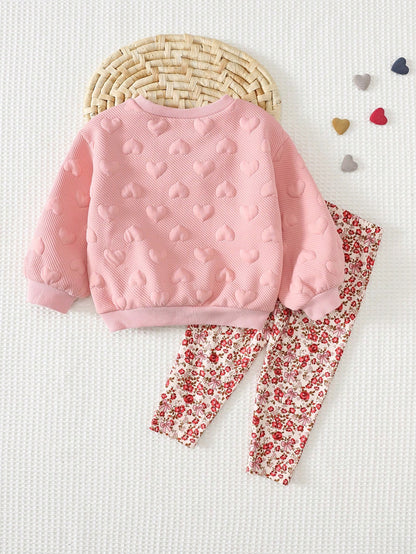 Cozy Pixies Baby Girl Cartoon Kitten Patchwork Plush Embroidered Pattern Knit Soft Crew Neck Long Sleeve Pullover Sweatshirt Elastic Waist Floral Pants 2-Piece Set