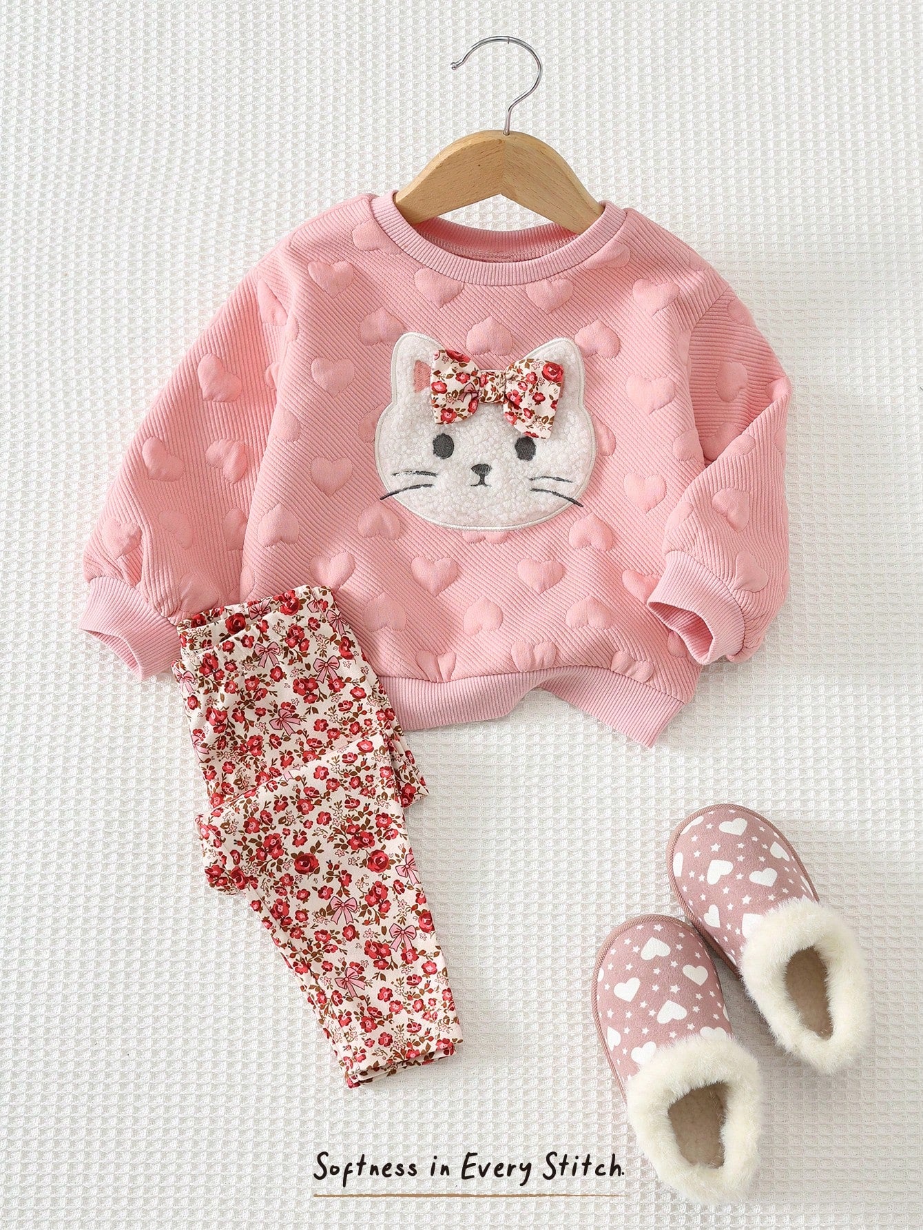 Cozy Pixies Baby Girl Cartoon Kitten Patchwork Plush Embroidered Pattern Knit Soft Crew Neck Long Sleeve Pullover Sweatshirt Elastic Waist Floral Pants 2-Piece Set