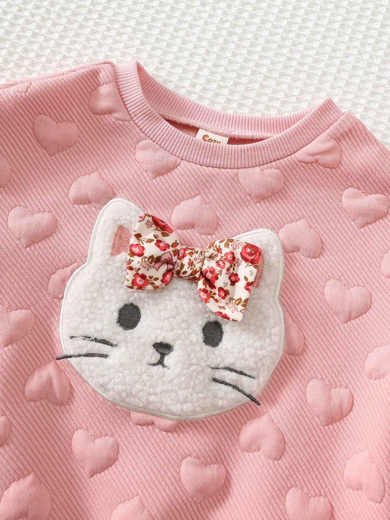 Cozy Pixies Baby Girl Cartoon Kitten Patchwork Plush Embroidered Pattern Knit Soft Crew Neck Long Sleeve Pullover Sweatshirt Elastic Waist Floral Pants 2-Piece Set