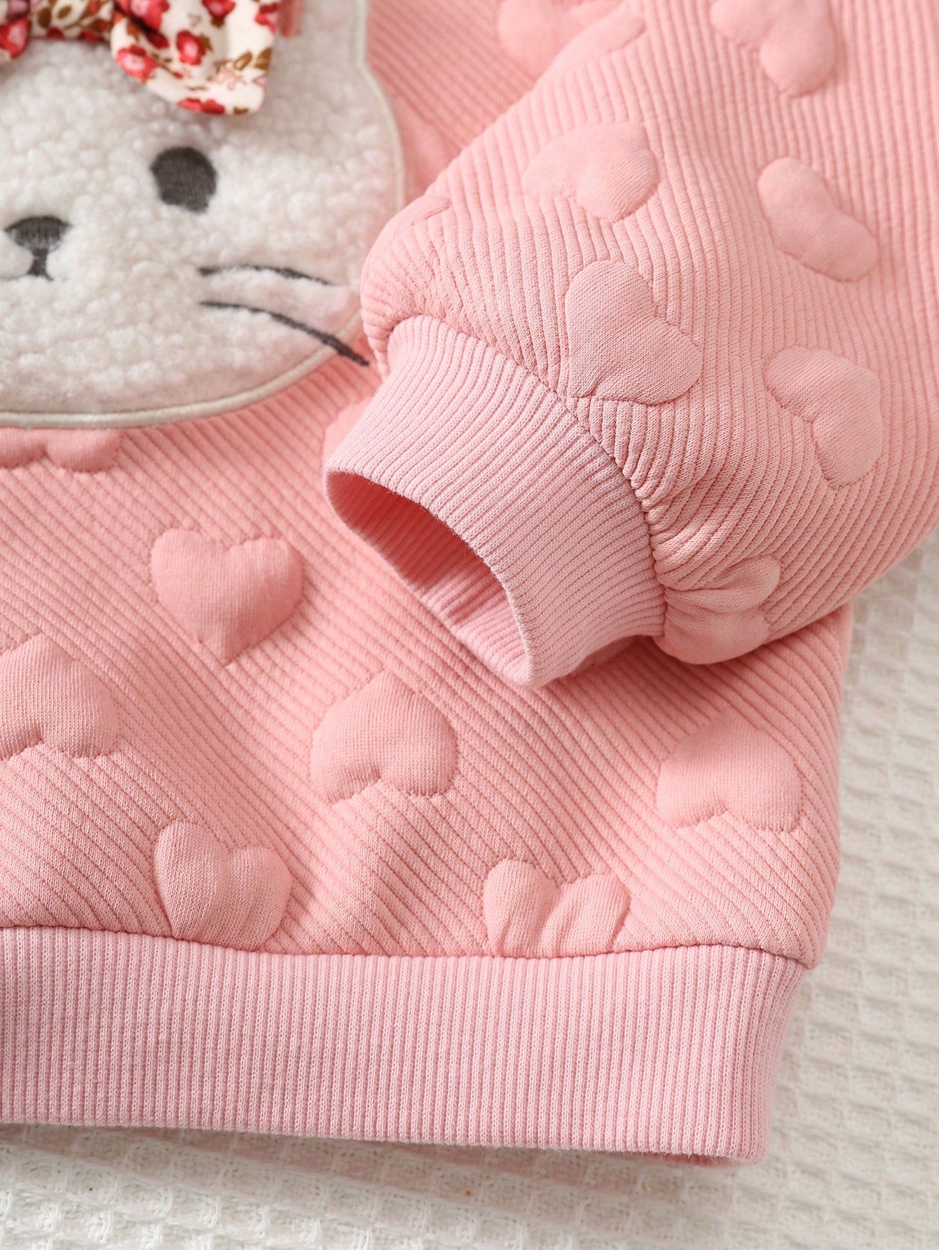 Cozy Pixies Baby Girl Cartoon Kitten Patchwork Plush Embroidered Pattern Knit Soft Crew Neck Long Sleeve Pullover Sweatshirt Elastic Waist Floral Pants 2-Piece Set