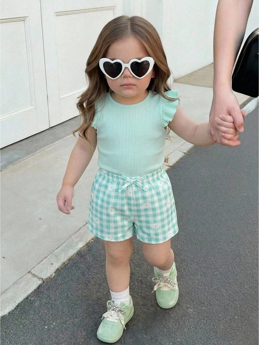 Cozy Pixies Baby Girl Fashion Vacation Casual Playful Companion Summer Mint Blue Textured Cute Flutter Sleeve Top And Plaid Shorts Set,Essential Daily Outfit