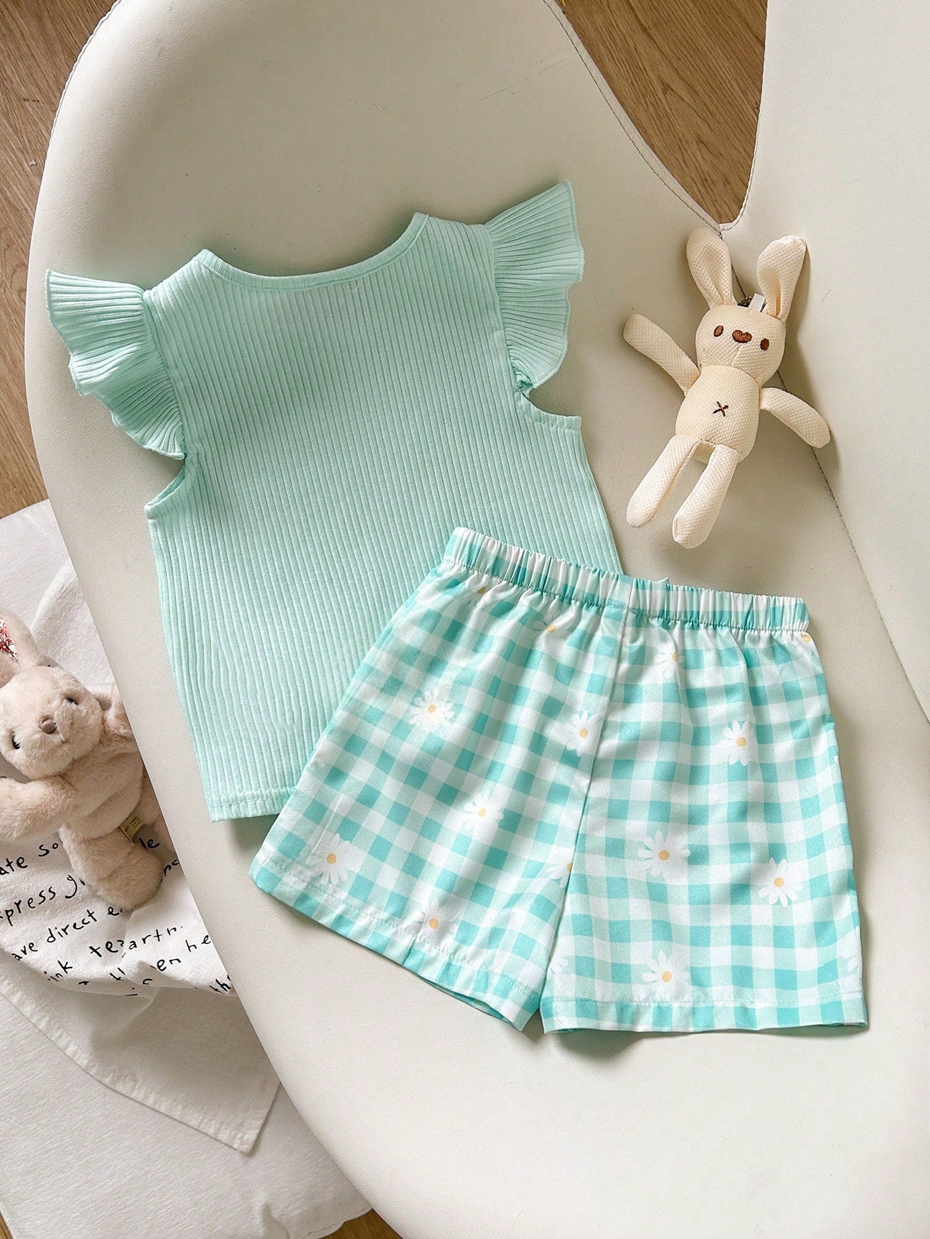 Cozy Pixies Baby Girl Fashion Vacation Casual Playful Companion Summer Mint Blue Textured Cute Flutter Sleeve Top And Plaid Shorts Set,Essential Daily Outfit