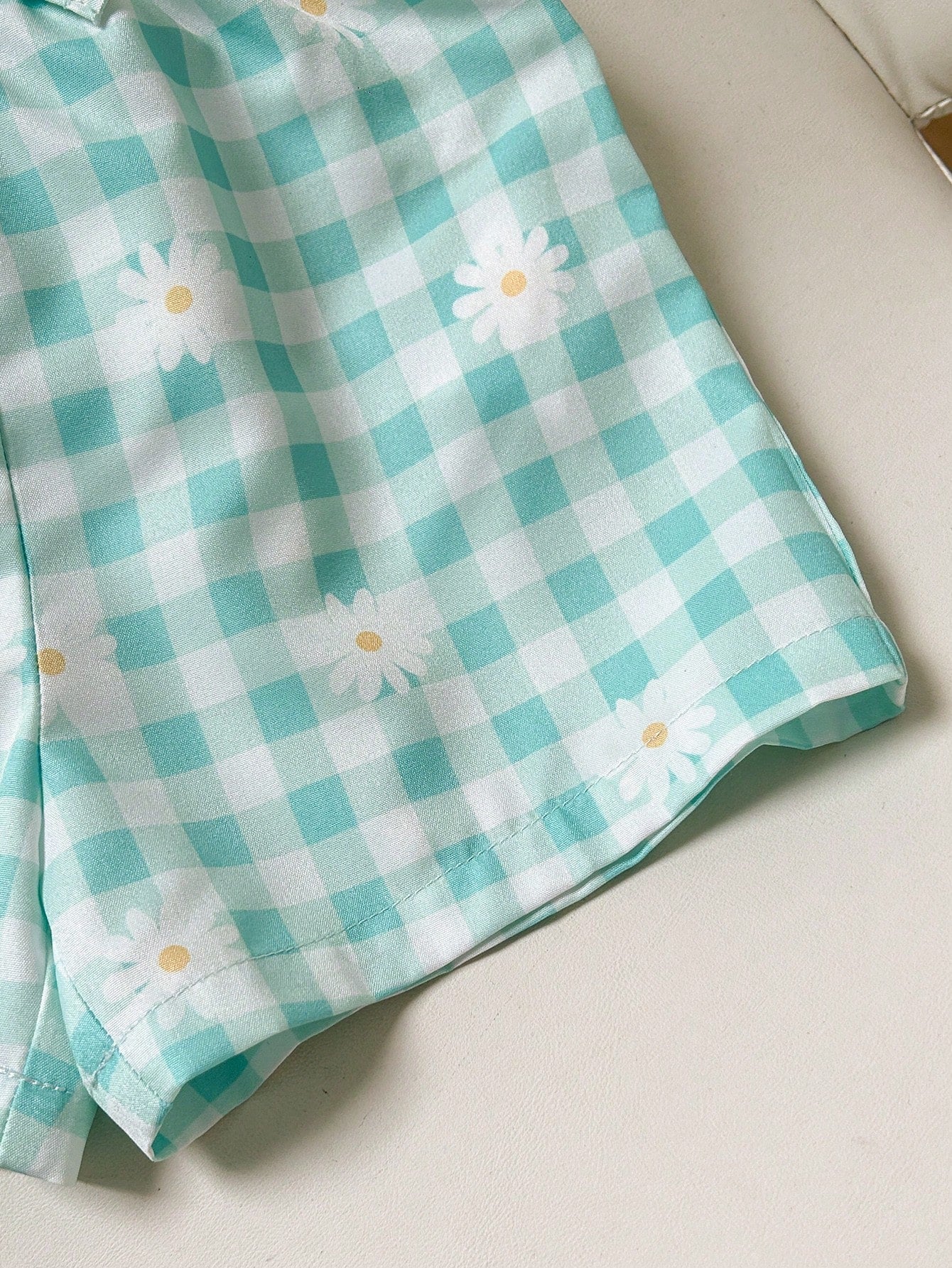 Cozy Pixies Baby Girl Fashion Vacation Casual Playful Companion Summer Mint Blue Textured Cute Flutter Sleeve Top And Plaid Shorts Set,Essential Daily Outfit