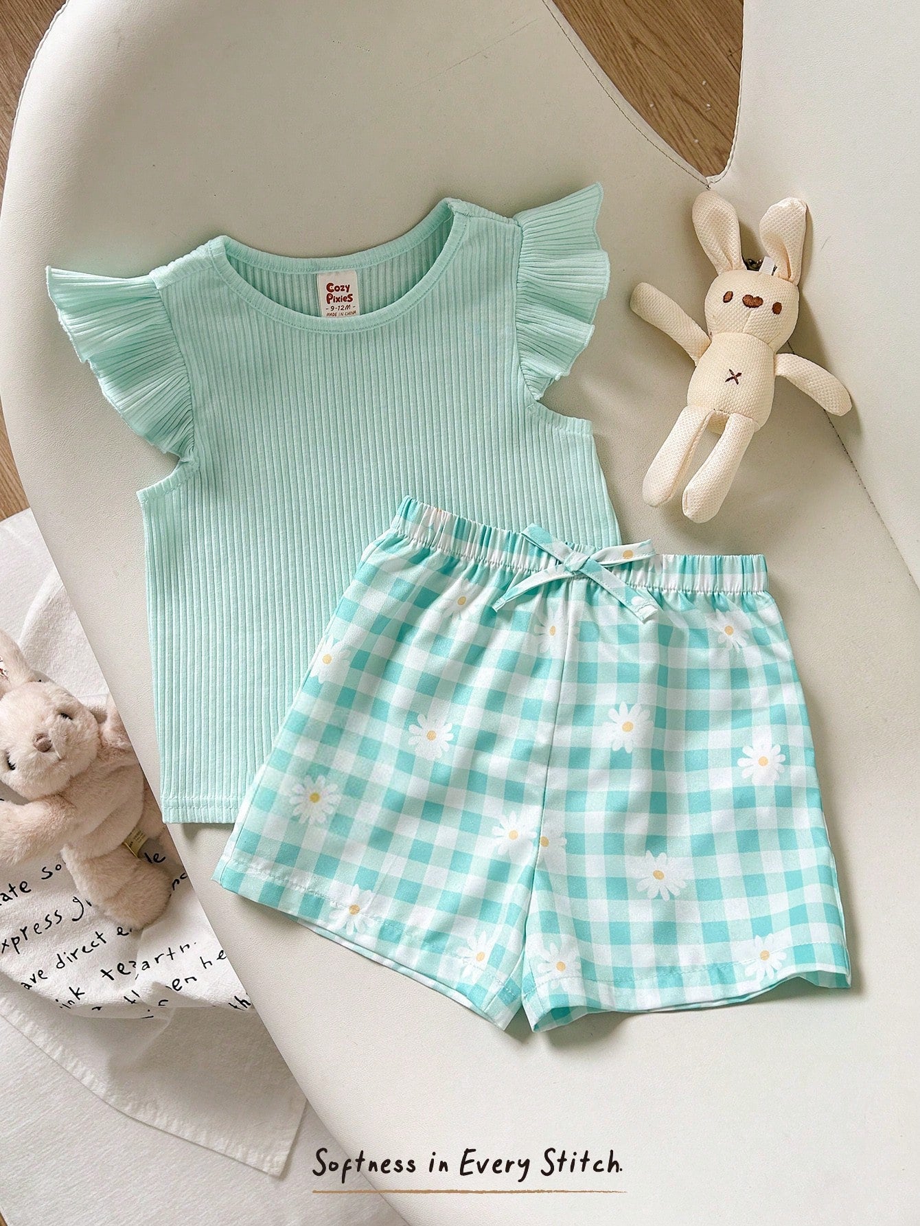 Cozy Pixies Baby Girl Fashion Vacation Casual Playful Companion Summer Mint Blue Textured Cute Flutter Sleeve Top And Plaid Shorts Set,Essential Daily Outfit