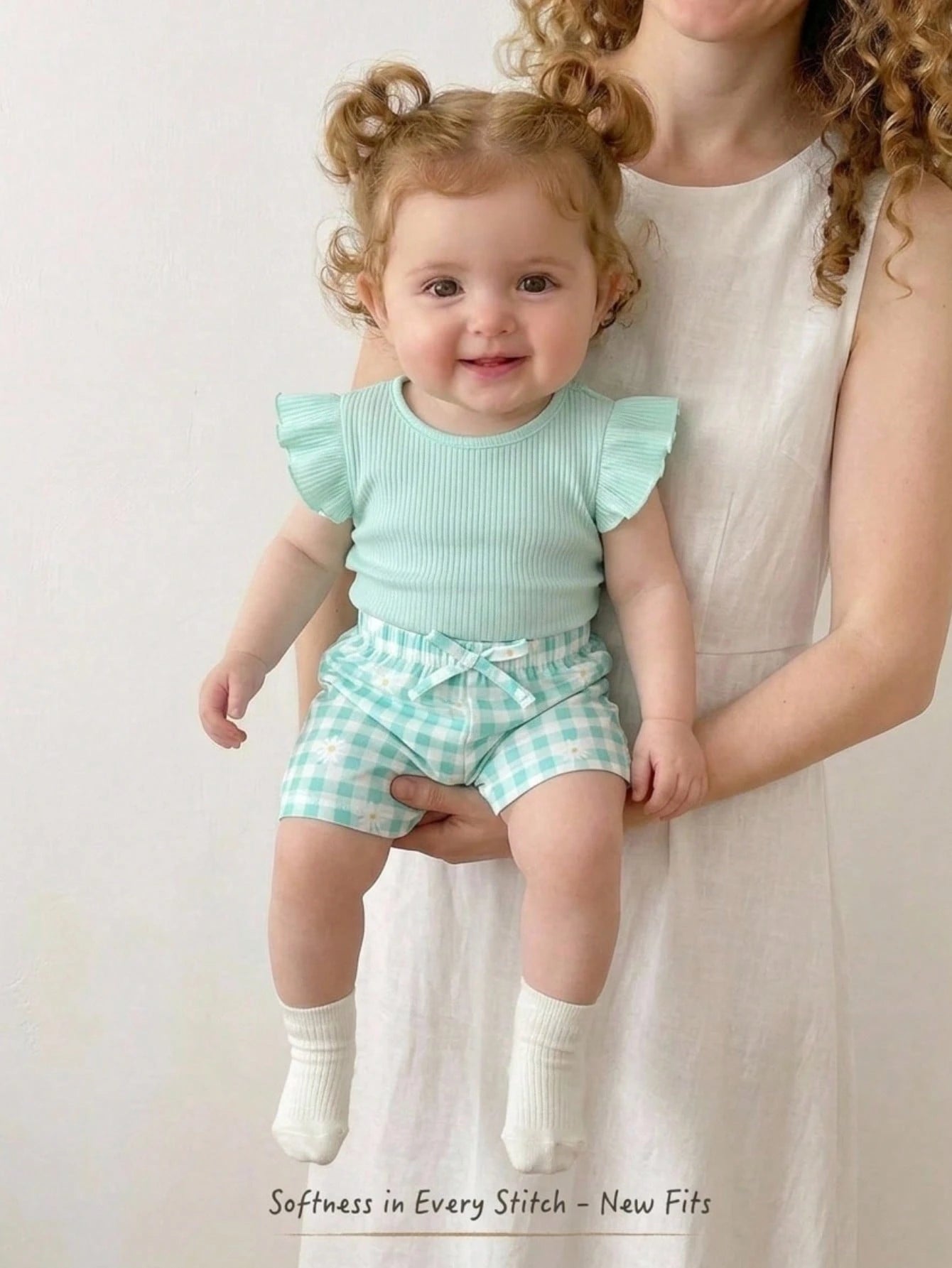 Cozy Pixies Baby Girl Fashion Vacation Casual Playful Companion Summer Mint Blue Textured Cute Flutter Sleeve Top And Plaid Shorts Set,Essential Daily Outfit