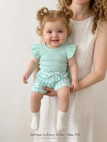 Cozy Pixies Baby Girl Fashion Vacation Casual Playful Companion Summer Mint Blue Textured Cute Flutter Sleeve Top And Plaid Shorts Set,Essential Daily Outfit