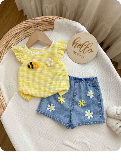 Cozy Pixies Baby Girl Fashion Vacation Casual Playful Companion Summer Mint Blue Textured Cute Flutter Sleeve Top And Plaid Shorts Set,Essential Daily Outfit