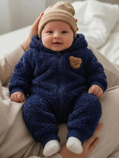 Cozy Pixies Newborn Baby Girl Cartoon Bear Pattern Thermal Lined Thick Hooded Long Sleeve Autumn Winter Jumpsuit