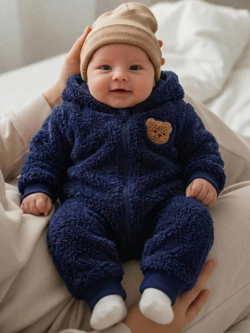 Cozy Pixies Newborn Baby Girl Cartoon Bear Pattern Thermal Lined Thick Hooded Long Sleeve Autumn Winter Jumpsuit