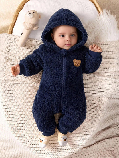 Cozy Pixies Newborn Baby Girl Cartoon Bear Pattern Thermal Lined Thick Hooded Long Sleeve Autumn Winter Jumpsuit