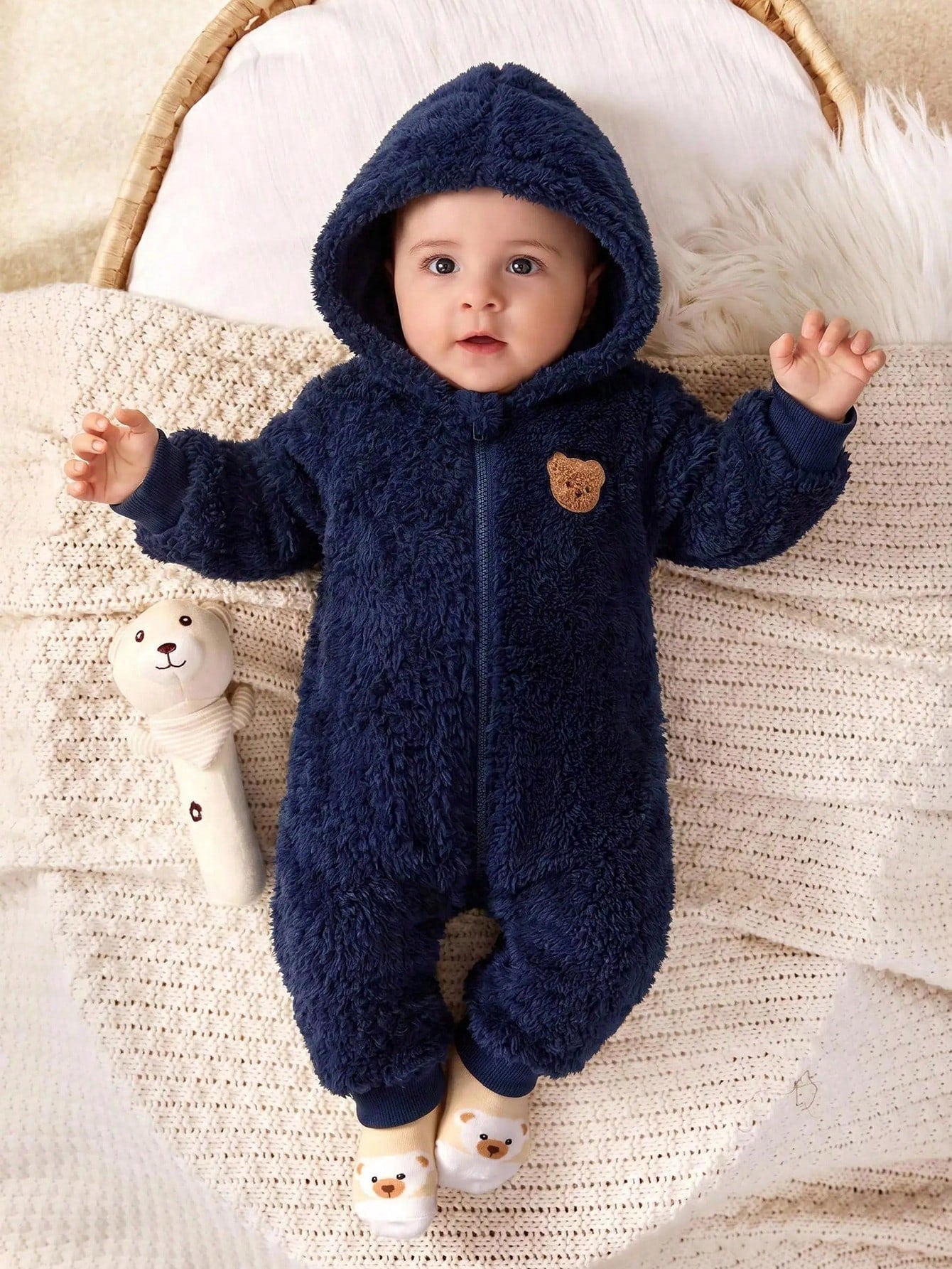 Cozy Pixies Newborn Baby Girl Cartoon Bear Pattern Thermal Lined Thick Hooded Long Sleeve Autumn Winter Jumpsuit