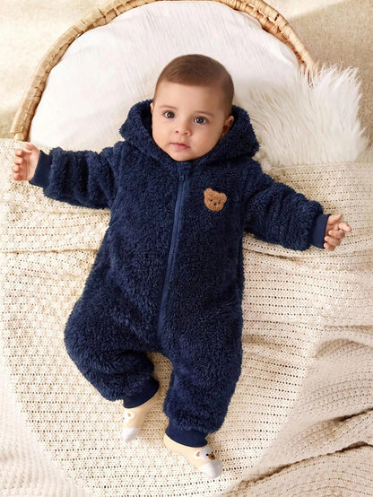 Cozy Pixies Newborn Baby Girl Cartoon Bear Pattern Thermal Lined Thick Hooded Long Sleeve Autumn Winter Jumpsuit