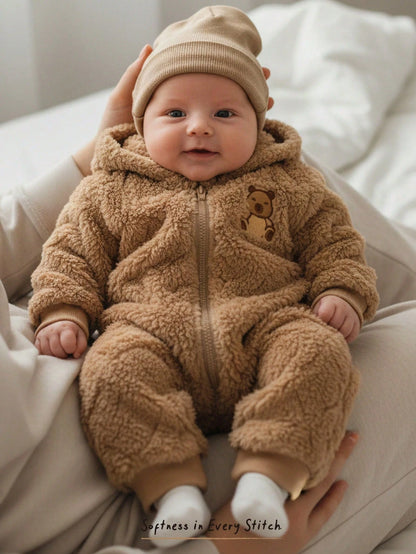 Cozy Pixies Newborn Baby Girl Cartoon Bear Pattern Thermal Lined Thick Hooded Long Sleeve Autumn Winter Jumpsuit