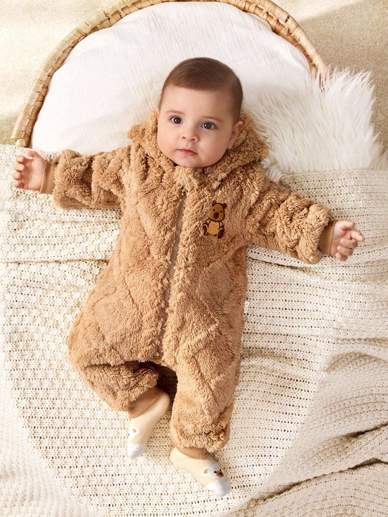 Cozy Pixies Newborn Baby Girl Cartoon Bear Pattern Thermal Lined Thick Hooded Long Sleeve Autumn Winter Jumpsuit