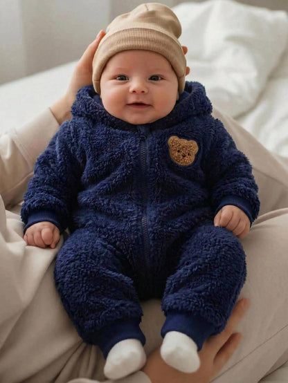 Cozy Pixies Newborn Baby Girl Cartoon Bear Pattern Thermal Lined Thick Hooded Long Sleeve Autumn Winter Jumpsuit