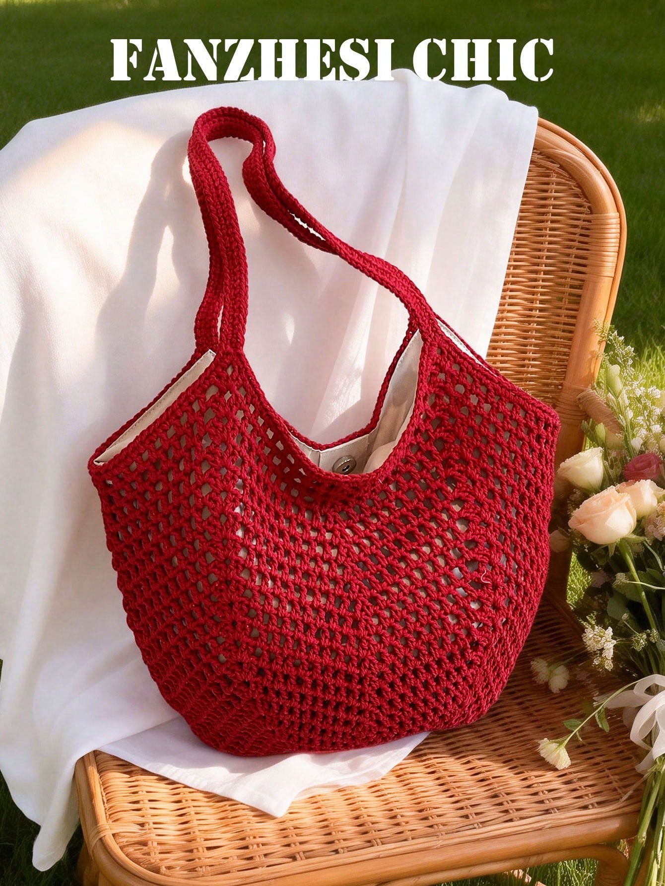 Crochet Mesh Tote Bag For Women, Handmade Hollow Out Shoulder Tote Bag, Large Capacity, New High-Quality Solid Color Red Magnetic Closure Tote Bag, Shoulder Bag, Handbag, Large Crescent Hollow Design