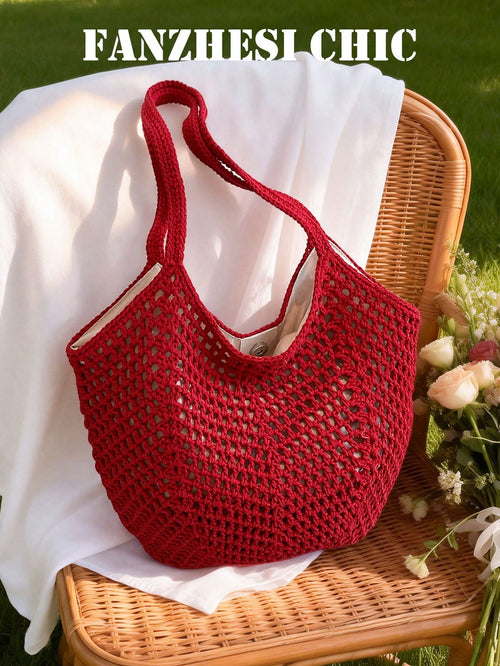 Crochet Mesh Tote Bag For Women, Handmade Hollow Out Shoulder Tote Bag, Large Capacity, New High-Quality Solid Color Red Magnetic Closure Tote Bag, Shoulder Bag, Handbag, Large Crescent Hollow Design