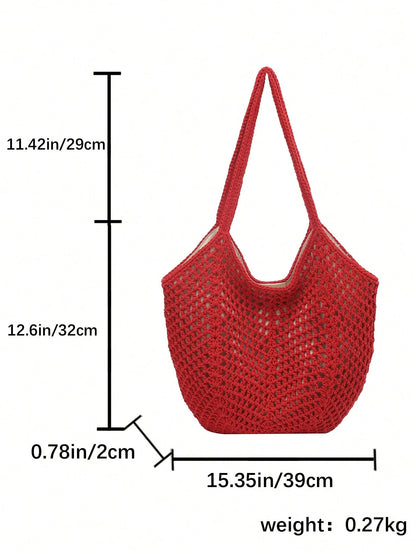 Crochet Mesh Tote Bag For Women, Handmade Hollow Out Shoulder Tote Bag, Large Capacity, New High-Quality Solid Color Red Magnetic Closure Tote Bag, Shoulder Bag, Handbag, Large Crescent Hollow Design