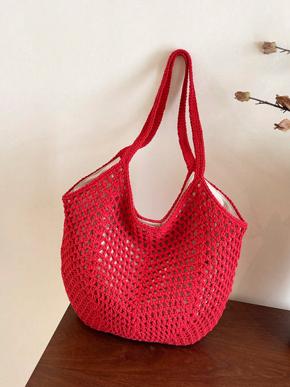 Crochet Mesh Tote Bag For Women, Handmade Hollow Out Shoulder Tote Bag, Large Capacity, New High-Quality Solid Color Red Magnetic Closure Tote Bag, Shoulder Bag, Handbag, Large Crescent Hollow Design