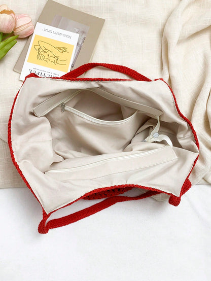 Crochet Mesh Tote Bag For Women, Handmade Hollow Out Shoulder Tote Bag, Large Capacity, New High-Quality Solid Color Red Magnetic Closure Tote Bag, Shoulder Bag, Handbag, Large Crescent Hollow Design
