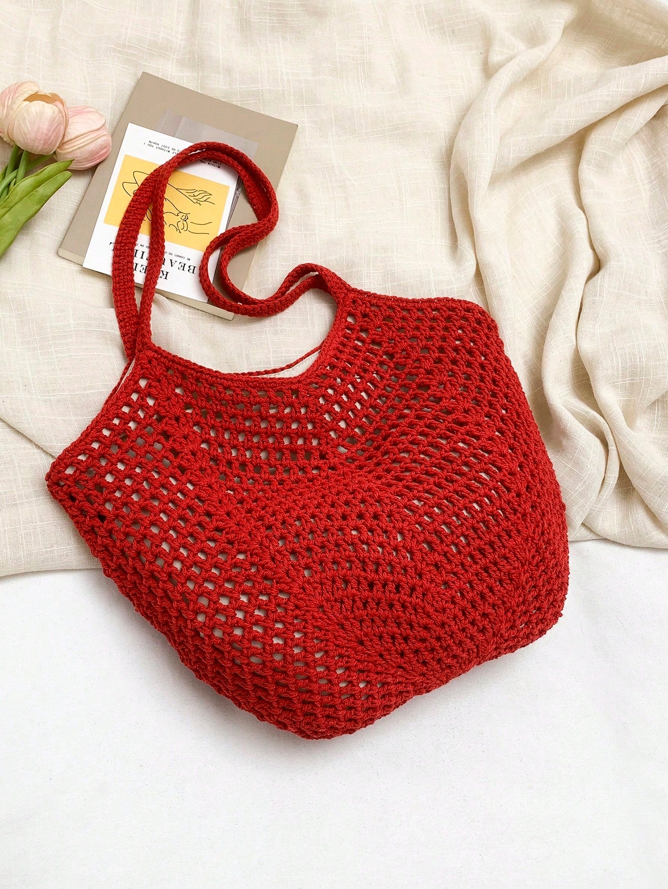 Crochet Mesh Tote Bag For Women, Handmade Hollow Out Shoulder Tote Bag, Large Capacity, New High-Quality Solid Color Red Magnetic Closure Tote Bag, Shoulder Bag, Handbag, Large Crescent Hollow Design
