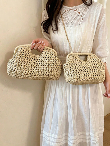 Crochet Style Woven Handbag With Top Handle And Chain Shoulder Strap, Elegant And Compact, Suitable For Casual, Vacation And Daily Fashion