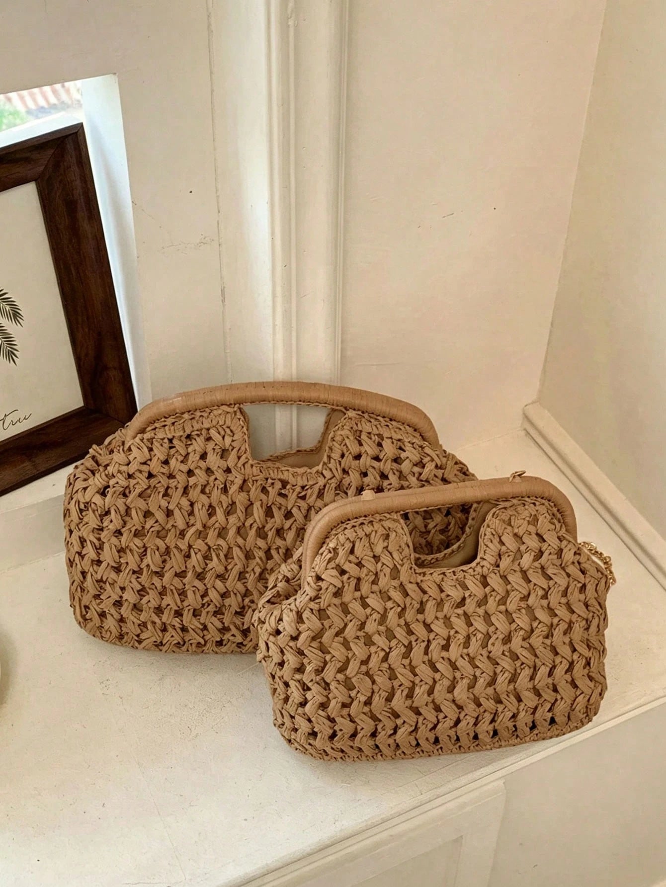 Crochet Style Woven Handbag With Top Handle And Chain Shoulder Strap, Elegant And Compact, Suitable For Casual, Vacation And Daily Fashion