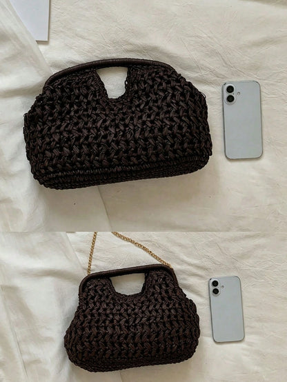 Crochet Style Woven Handbag With Top Handle And Chain Shoulder Strap, Elegant And Compact, Suitable For Casual, Vacation And Daily Fashion