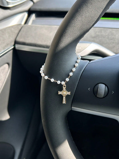 Cross Shaped Car Hanging Decor, Rhinestone Studded Steering Wheel Chain, Cute Car Interior Accessories For Women