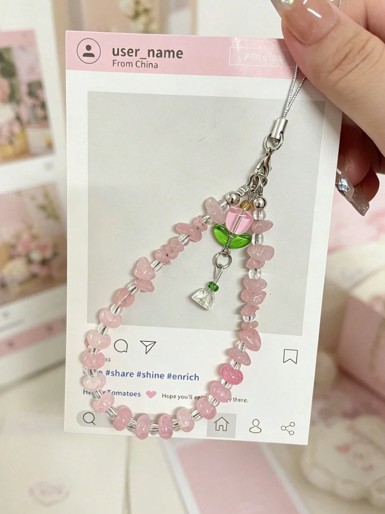 Crystal Crushed Stone Beaded Wind Chime Flower Pendant Phone Lanyard, Purple Pink Crystal Anti-Lost Phone Chain Charm, CCD Camera Wrist Strap, Fashion Versatile Universal Phone Lanyard, Suitable For E